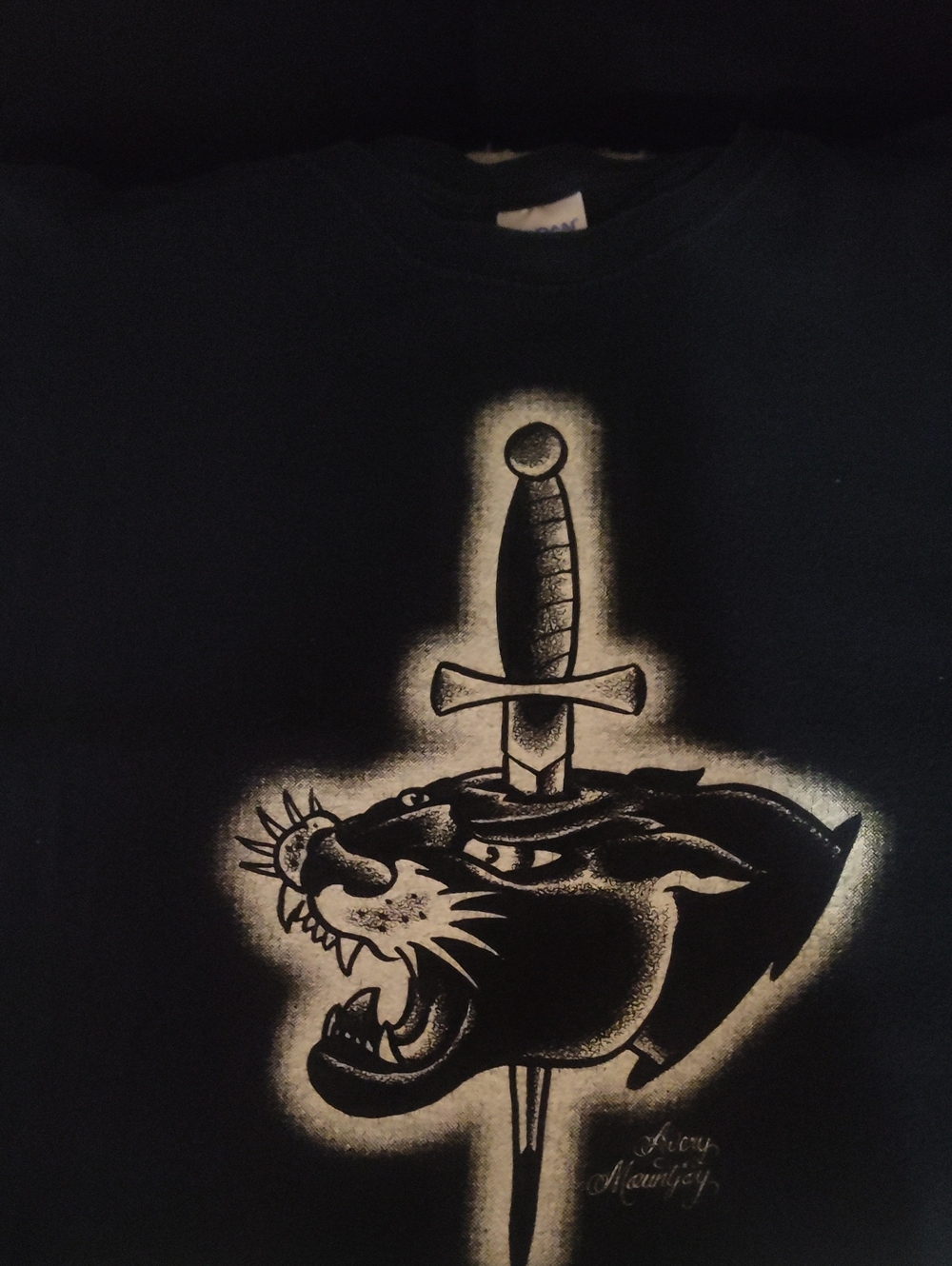 Gildan Black Tee with Cream Panther and Dagger Graphic Electric Iron Tattoo KCMO